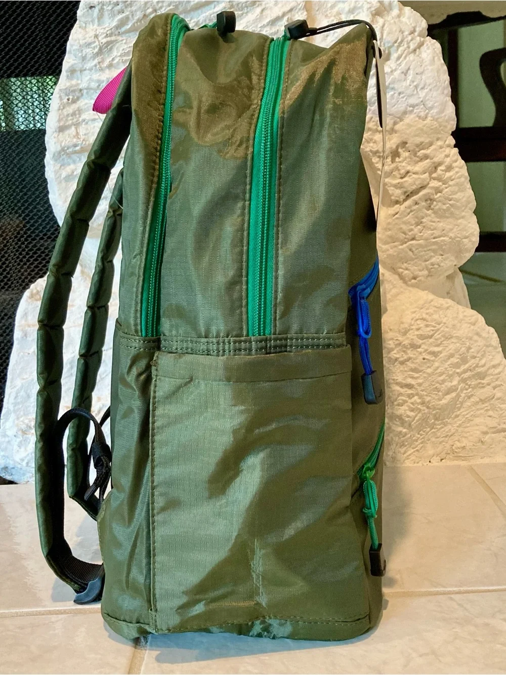 NWT State brand Kane kids double pocket olive diagonal zipper backpack